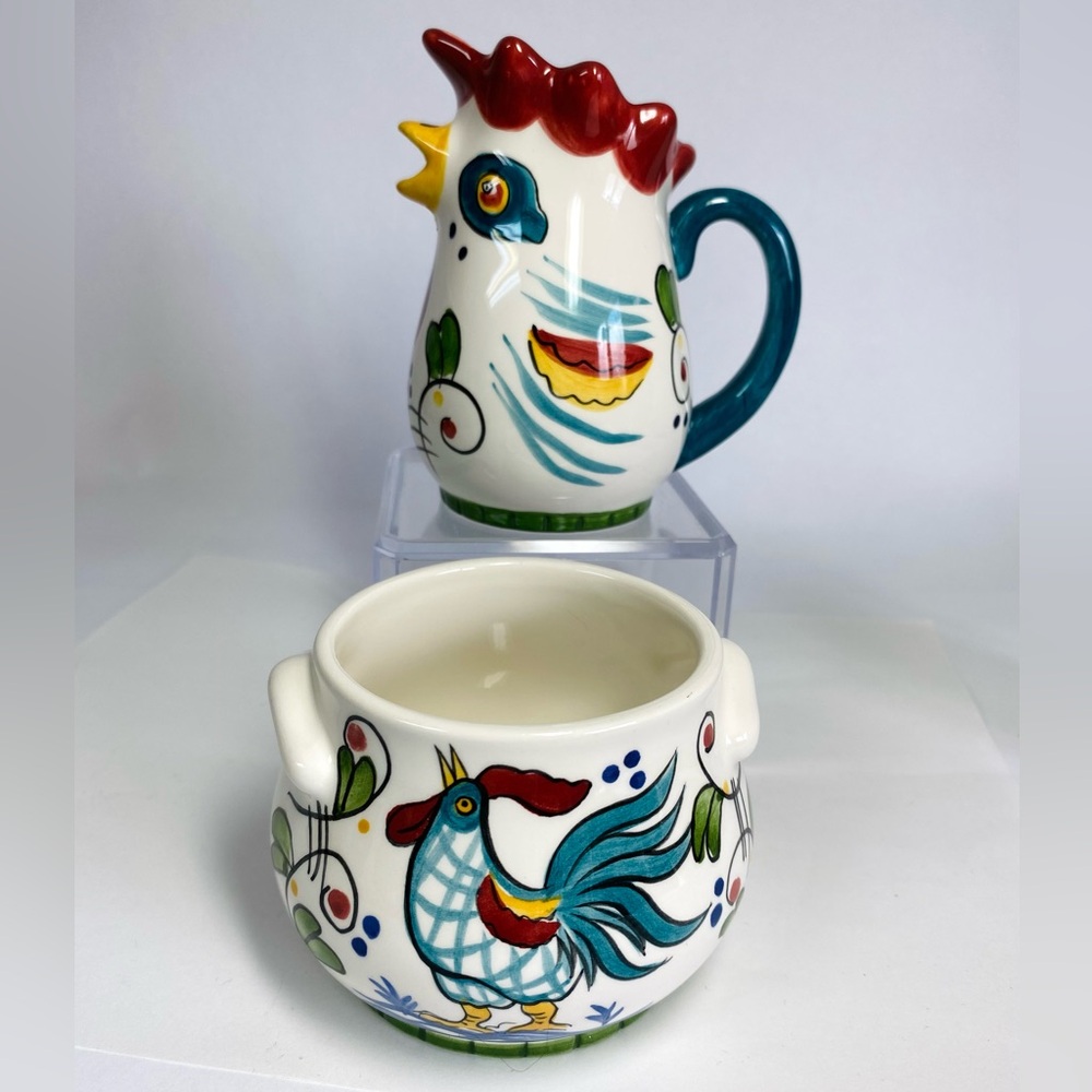 Vintage Clay Art Mosaic Rooster Cream Pitcher And Sugar Bowl Hand painted  Fun